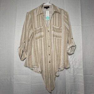 Fortune + Ivy Striped Button Down S Tan Tie Front Roll Tab Sleeve